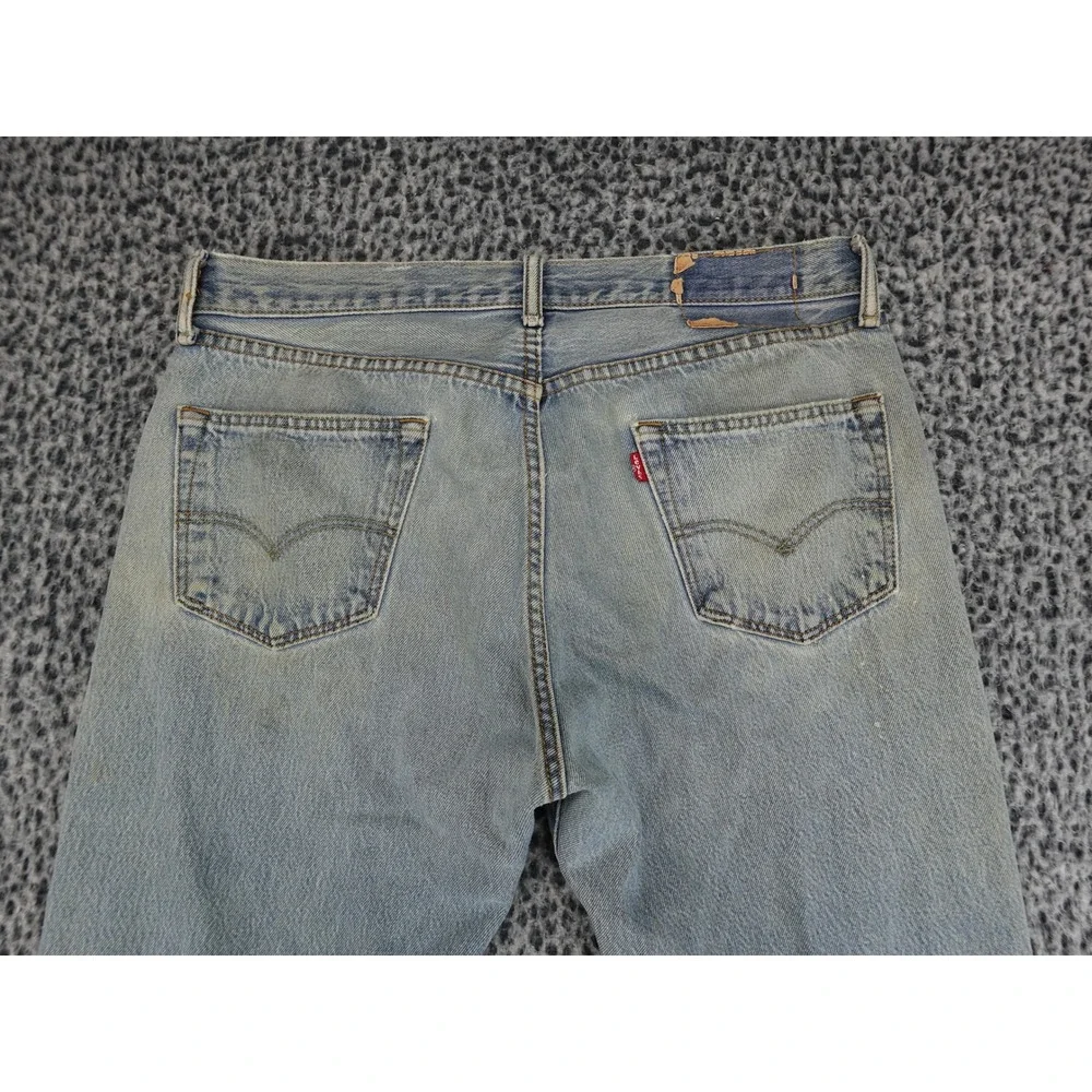 Levi's 501 Original Fit Mens W36 L33 Light Blue Distressed‎ Button Fly Jeans